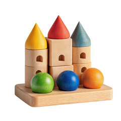 A wooden toy castle with colorful turrets and spheres, isolated against a black background