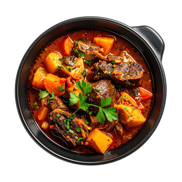 Deconstructed rabo de toro with oxtail pieces, vegetables, and sauce presented separately, isolated on white background