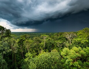 Obraz premium dense rainforest in gabon under an approaching storm with dark clouds and vibrant green foliage