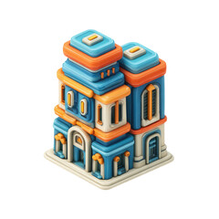 Isometric stylized building with a tiered design and vibrant color palette