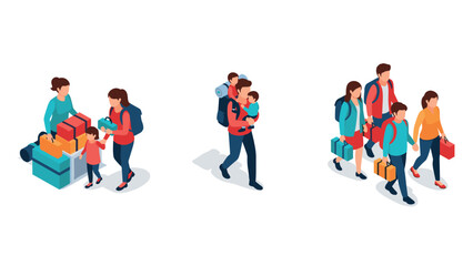 Fototapeta premium Family shopping and traveling: isometric illustrations of parenting and adventure