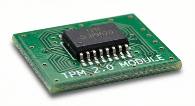 Macro photograph of a Trusted Platform Module (TPM 2.0) security chip soldered onto a small green printed circuit board. Isolated on a pure white background.