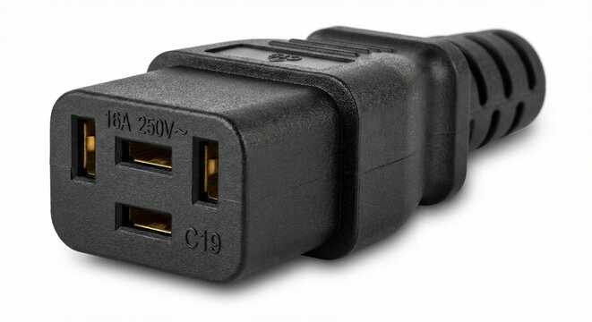Robust black industrial IEC C19 female power connector, rated for 16A 250V, used for server racks and data centers. Isolated on a pure white background.
