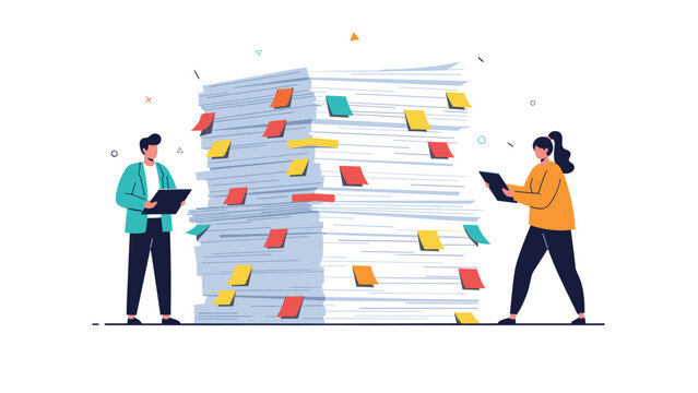 Team of professionals managing a massive volume of paperwork depicted by two people with tablets standing beside a huge stack of organized documents.