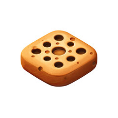 A square piece of stylized food, with multiple circular holes, on a black background