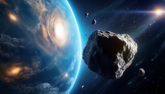 large asteroid flying past earth in outer space with visible atmosphere
