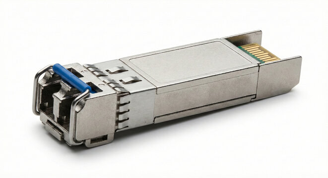 Professional SFP+ fiber optic transceiver module with metallic casing and a blue plastic pull-tab mechanism for networking. Isolated on a pure white background.