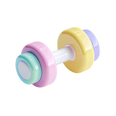 A vibrant, colorful dumbbell rendered in 3D, isolated against a black backdrop, fitness concept