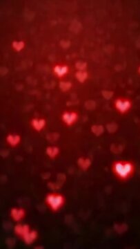 Vertical video: Projecting single red heart, heart-shaped bokeh multiplying, filling dark red field