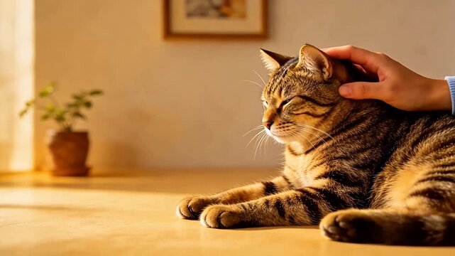 Person petting a relaxed tabby cat