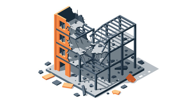 Isometric view of a partially collapsed building structure with debris
