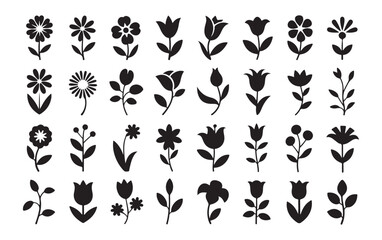 Diverse collection of stylized flower and plant vector icons, botanical elements for design