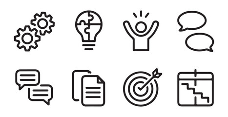 Modern workflow optimization icons including collaboration tools gears idea generation and messaging