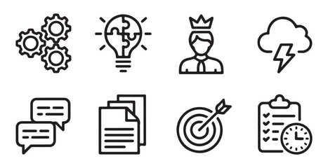 Business management strategy icons set with linear style gears lightbulb king and success elements