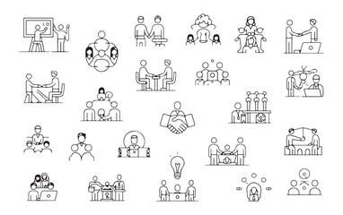Corporate teamwork and human resource management linear sketches showing office people collaboration