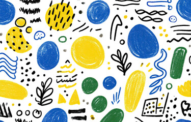 Colorful, abstract background with freeform shapes and patterns on black, textured surface