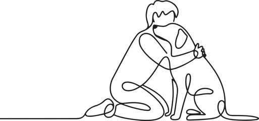 continuous line drawing vector illustration with FULLY EDITABLE STROKE of happy pet lover with dog.one line vector illustration with white background
