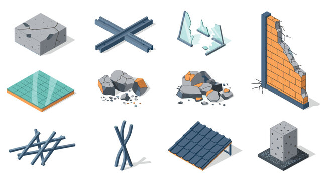 Isometric broken construction elements and building materials in 3d style