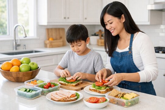 AI-Generated Illustration of Fictional Mother and Child Preparing Healthy Sandwiches Together in Modern Home Kitchen, Family Lifestyle and Nutrition Concept