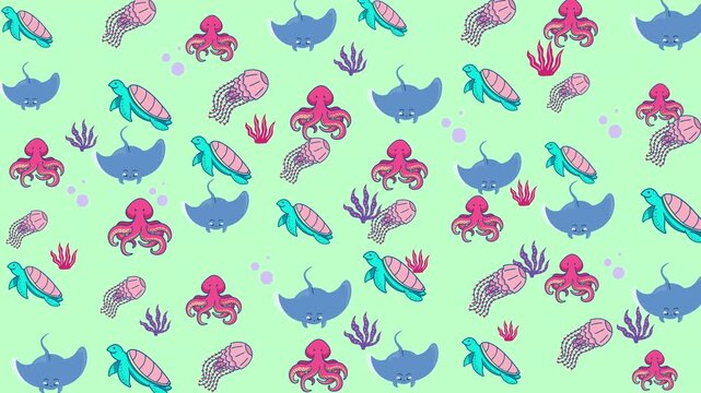 Repeating pattern of sea creatures on a pale green background. Ideal for backgrounds, stationery, textiles, and oceanthemed designs.