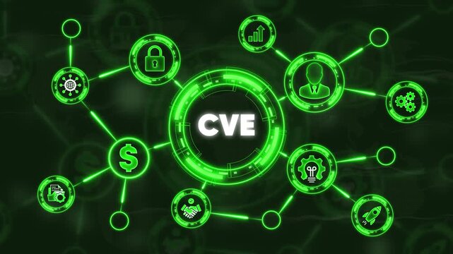 C V E cybersecurity concept with neon green network connections and representing various security threats and technologies