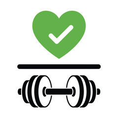 Green heart with a checkmark above a barbell isolated on a white background symbolizing healthy lifestyle choice