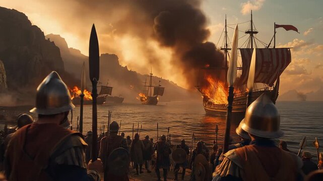 Ancient Soldiers Watching Fleet of Burning Ships at Sunset Conceptual Scene