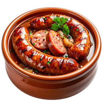 A delicious stamppot with a perfectly grilled sausage and a pat of butter, a comforting dish isolated on a white background