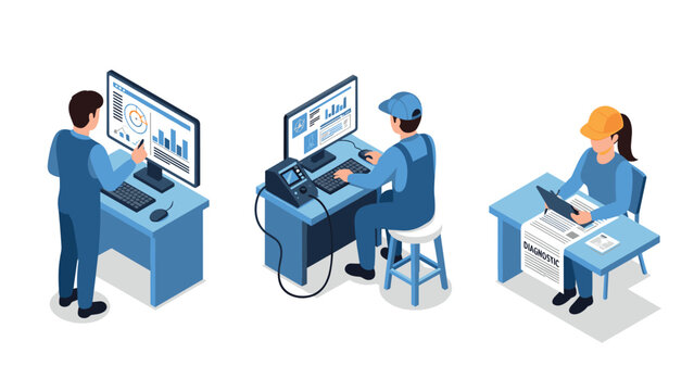 Teamwork with technology: isometric office workers using computers and digital tools for data analysis
