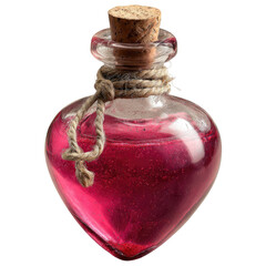 Glass bottle shaped like a heart, containing pink liquid, closed with a cork and string