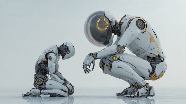 Two futuristic androids demonstrating emotional interaction on white background