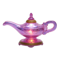 Iridescent pink lamp with a curved spout, intricate detailing, and ornate golden accents