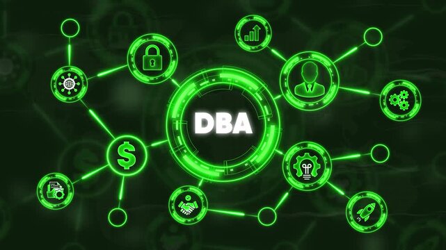 D B A Database Administration Concept with Glowing Green and Symbols business finance