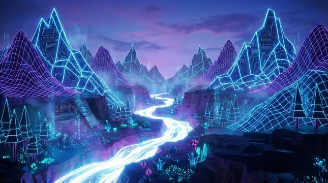 Futuristic neon landscape with glowing grid mountains and a luminous river winding through a cyberpunk valley at dusk, a digital art concept for sci fi environments and visuals
