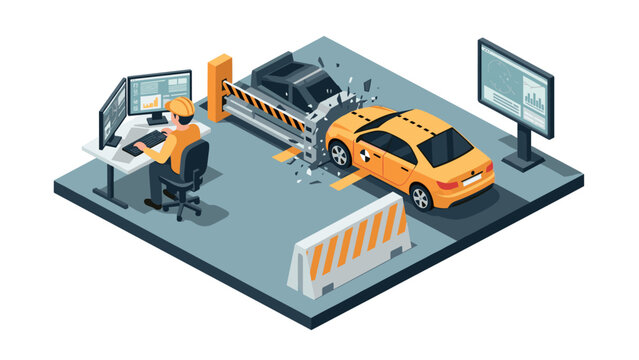 Isometric car crash test scene with engineer analyzing data on monitors