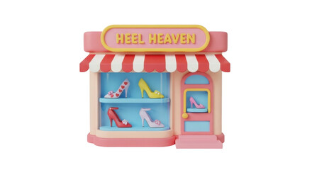 Charming 3D miniature shoe store boutique called Heel Heaven isolated on white.