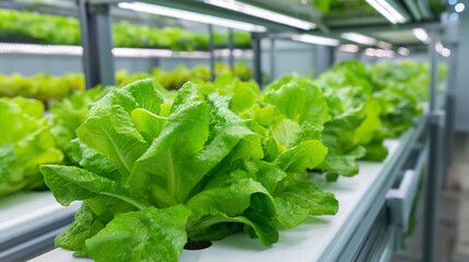 Indoor vertical farming system with fresh green lettuce, LED lights overhead, sterile environment cultivation, future agriculture concept, hydroponics technology, sustainable food 