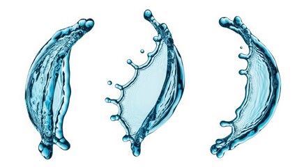 Clear water splash with refreshing blue droplets and wave motion isolated on white background
