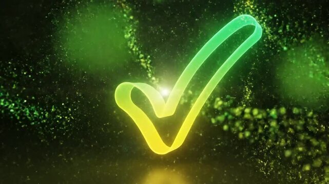 Abstract green checkmark glowing with light trails against a dark background, symbolizing success and confirmation