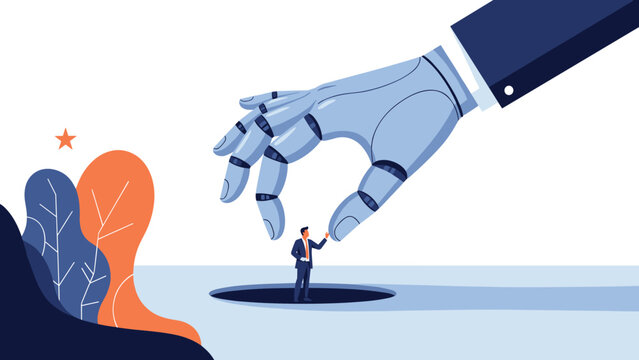 Large robotic hand carefully picking up a tiny businessman from a circular hole in a conceptual career or technology metaphor.