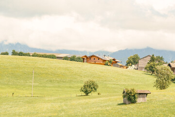 Idyllic alpine farmhouses on rolling green meadow in Austria