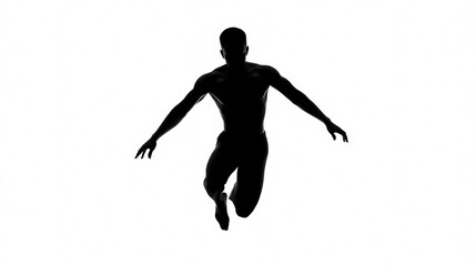 Silhouette of a Leap: A striking silhouette of a muscular figure in mid-leap against a pristine backdrop, encapsulating movement, dynamism, and the human form in a striking monochrome aesthetic.