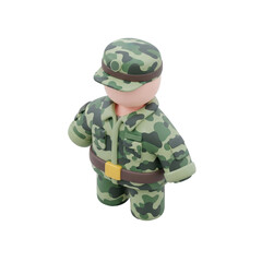 Fototapeta premium Cute toy soldier doll in green camouflage military uniform isolated on a white background.