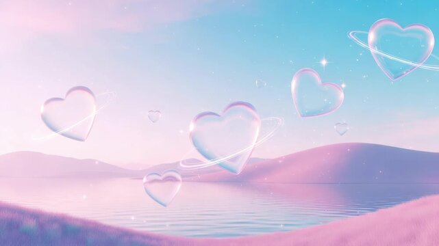 A group of heart shaped objects floating in the air on a pastel background with a lake and mountains