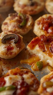 Vertical video: Sliding spatula lifting mini pizza tartlet on metal tray, steaming for serving