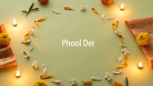 Phool Dei floral arrangement with candles and petals on a green surface