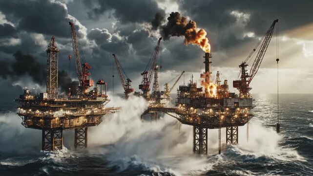 Massive offshore oil rigs braving stormy seas