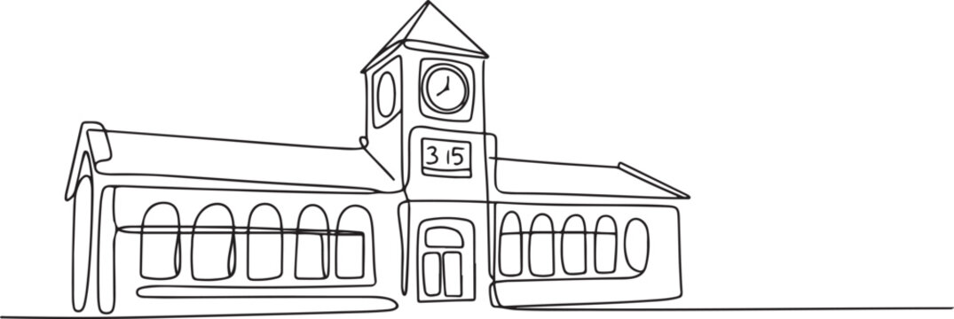 continuous one line drawing of a school building or train station with a clock tower vector sketch.one line vector illustration with white background.