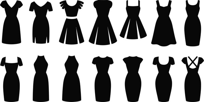 Black dress icon set for women female fashion symbols elegant clothing concept flat style vector illustration isolated white background design