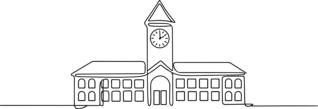 continuous one line drawing of a school building or train station with a clock tower vector sketch.one line vector illustration with white background.